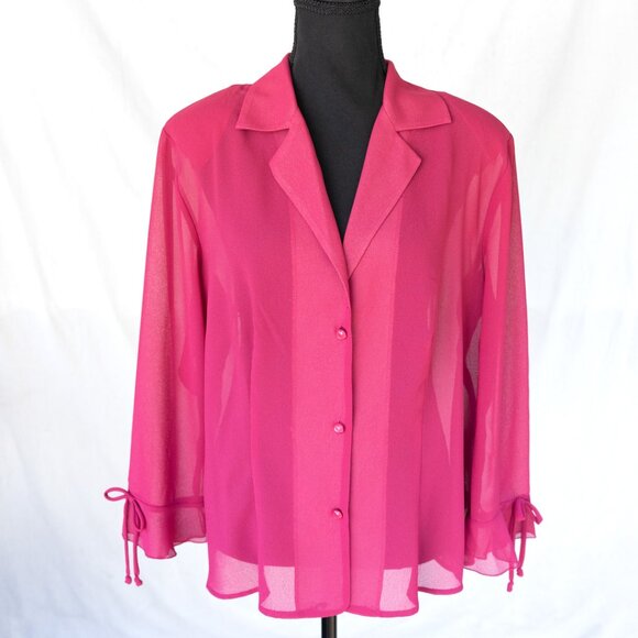 Vintage 90s Sheer Hot Pink Button Down Blouse | Coquette Barbiecore Y2k - Picture 2 of 9